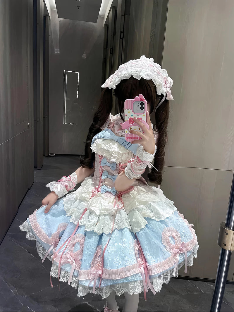 Creamy - Blue-Pink Ribbon Princess - Blue-Pink JSK Dress with Trailing Skirt and Back Bow