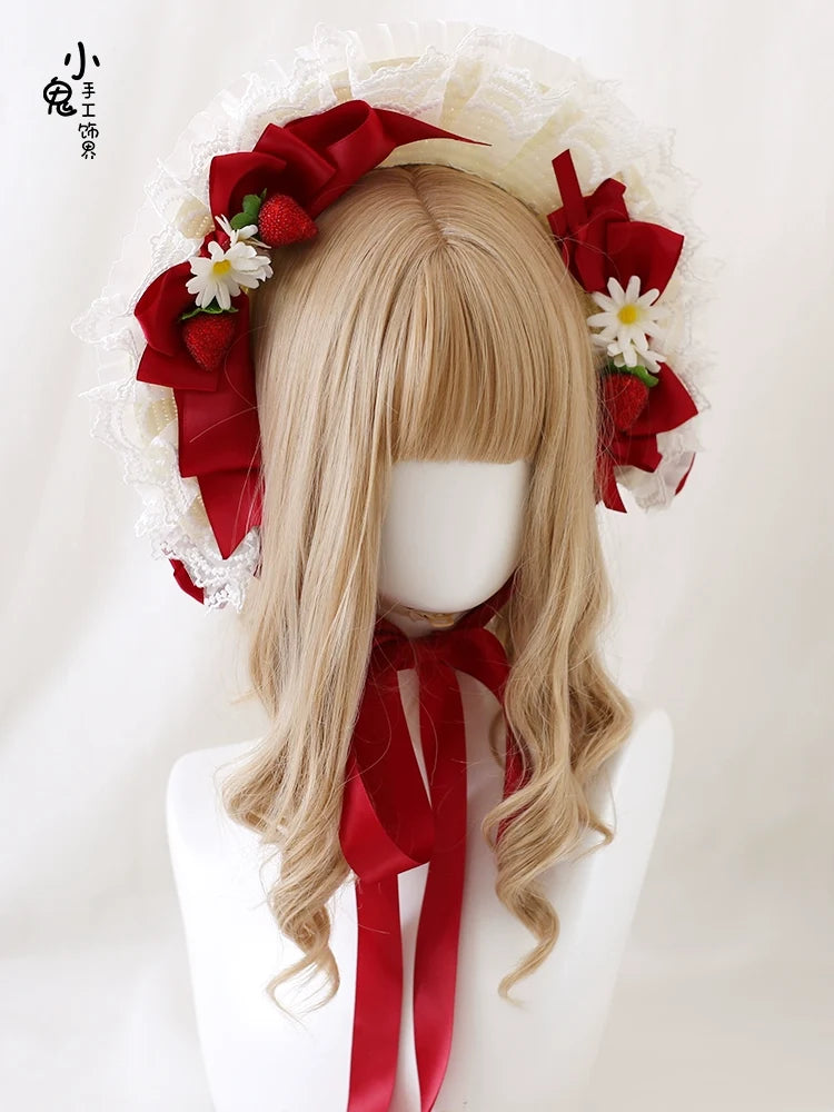 Xiaogui - Sweet Lolita Hat Strawberry Bonnet - with Lace and Bow Headwear