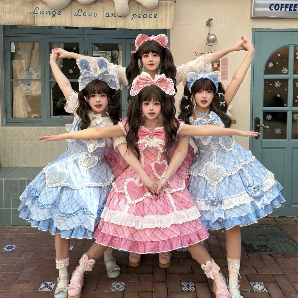 Star Fantasy checked OP dress with heart appliqués, bows, and lace trim