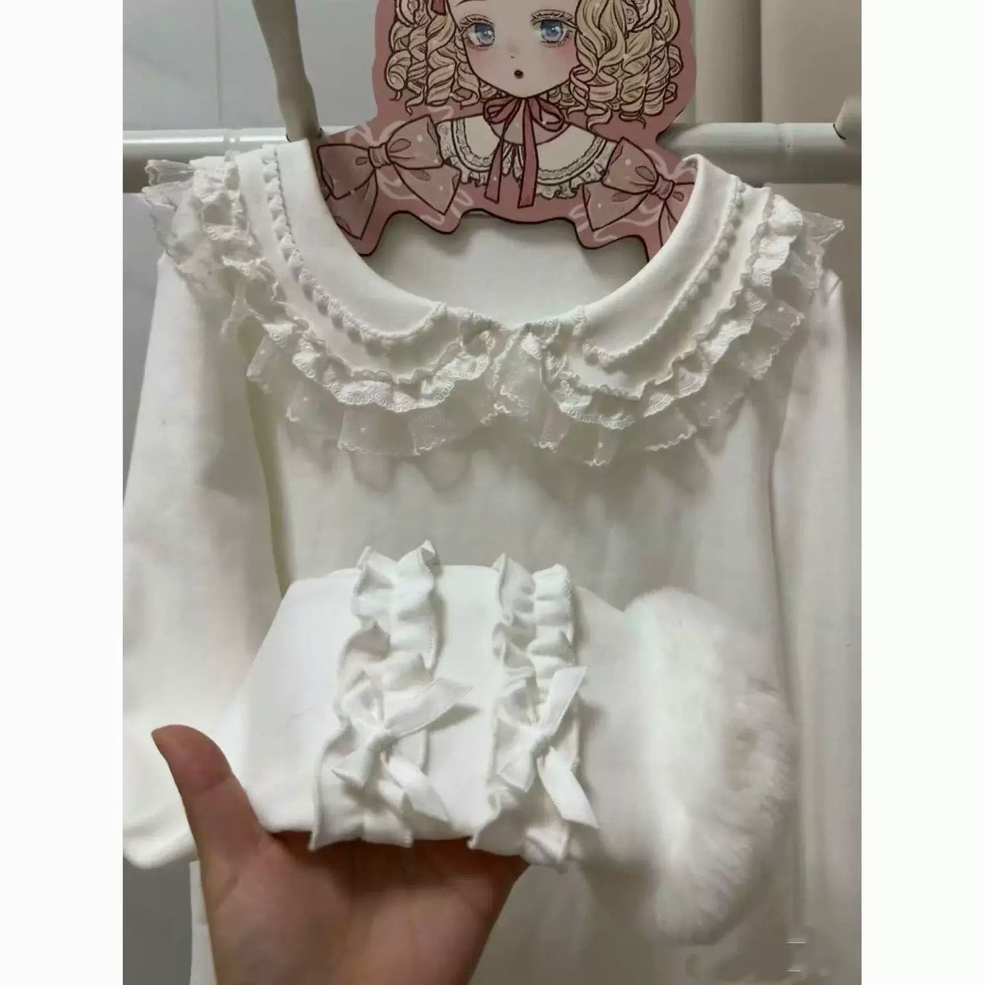 Sweetheart Dream Machine - Doll Collar - White Long-Sleeve Top with Layered Lace Ruffles