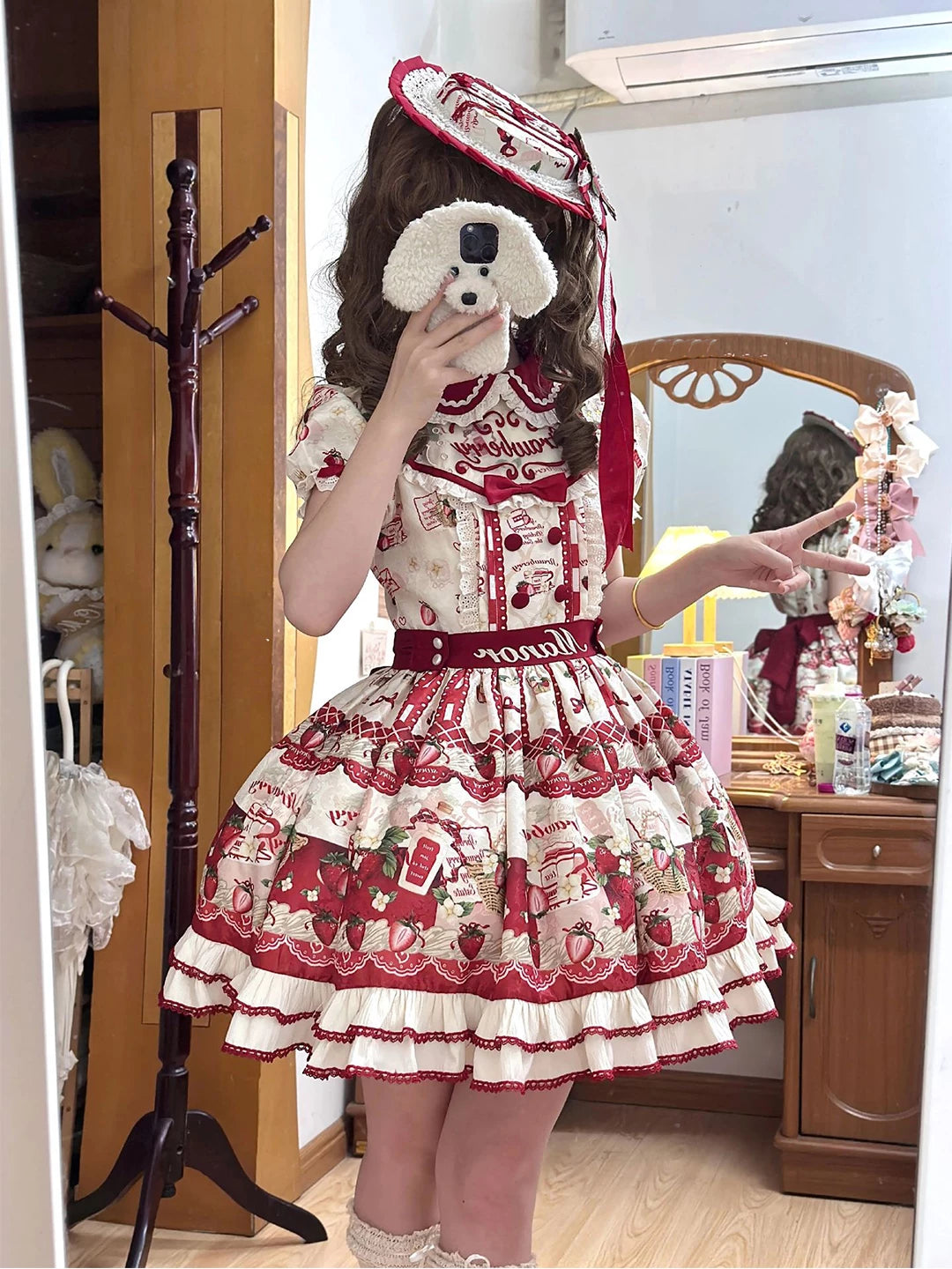 Red and cream strawberry-print OP dress with waist belt
