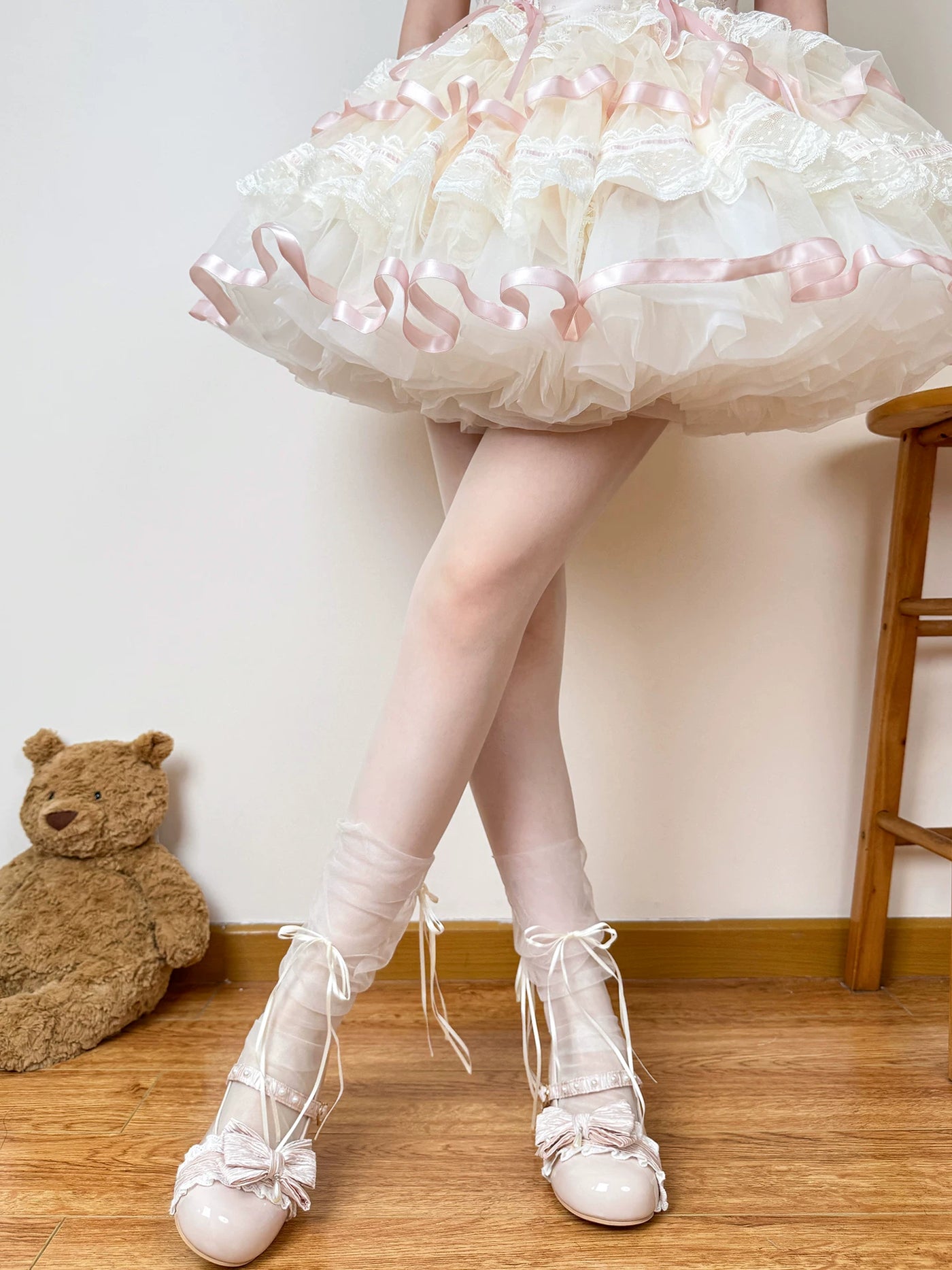 Chubby Bear Tales - Ballet Bow - Mesh Mid-Calf Socks with Double Bows