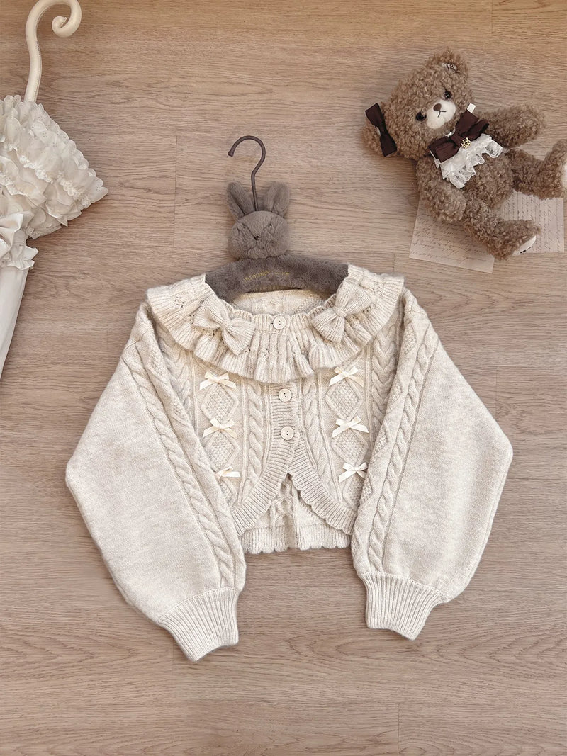 Tan Tuan Napoleon Pastry Bow Balloon-Sleeve Cardigan — Oatmeal