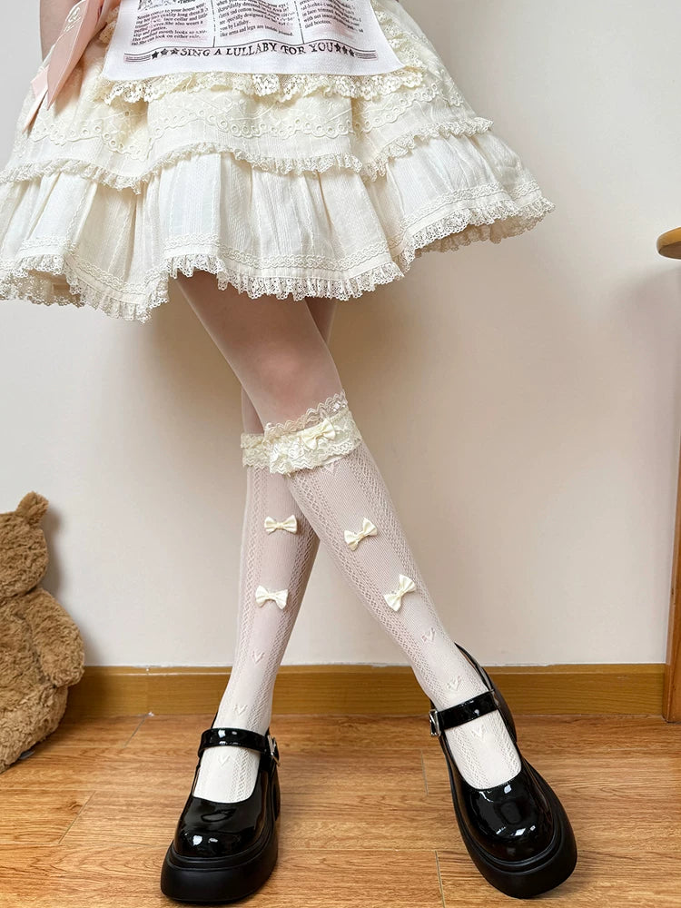 Chubby Bear Tales - Olive - Openwork Slouch Socks with Lace and Ribbon Bows