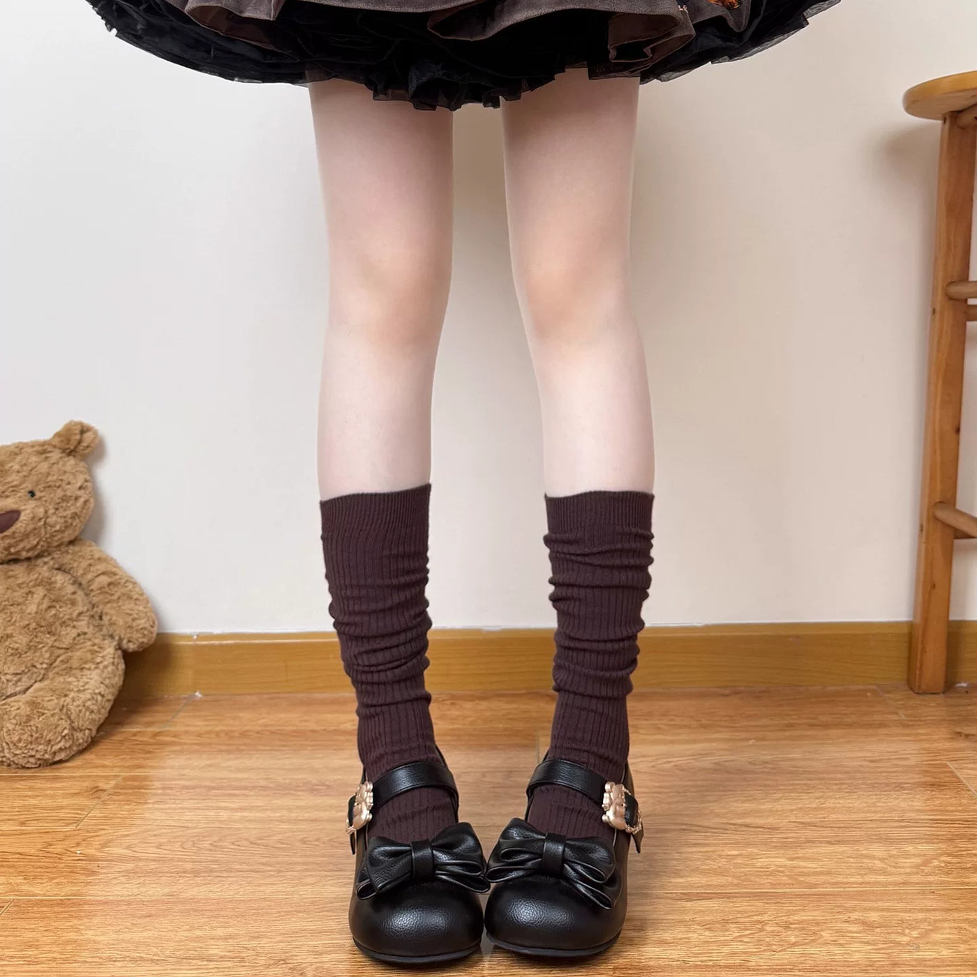 Chubby Bear Tales - Caramel Cocoa - Lolita slouch socks with a gathered ribbed leg