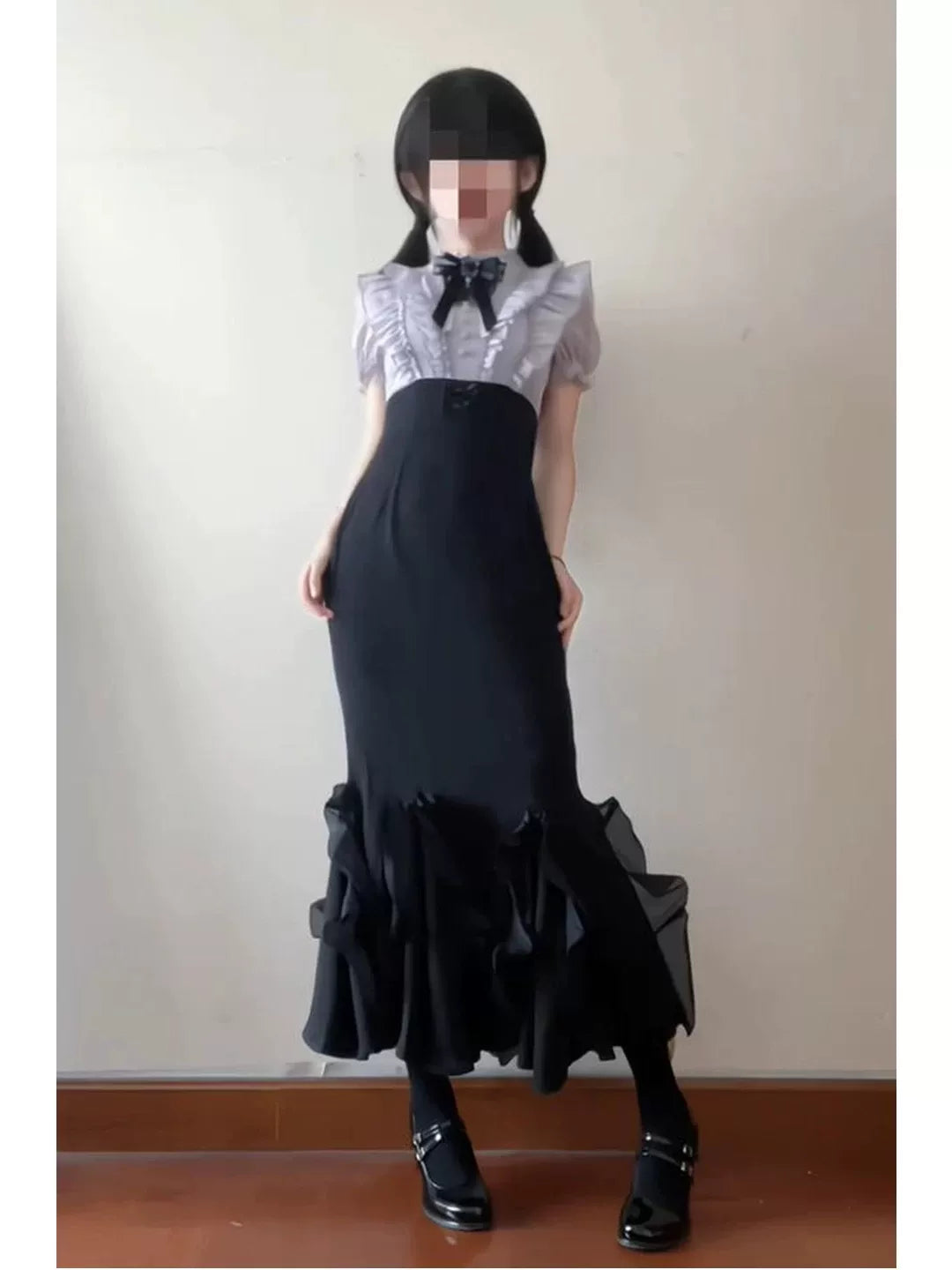 Creamy - Black Purple Vintage Sweet - High-waisted dress with lace paneling and a gathered ruffle hem