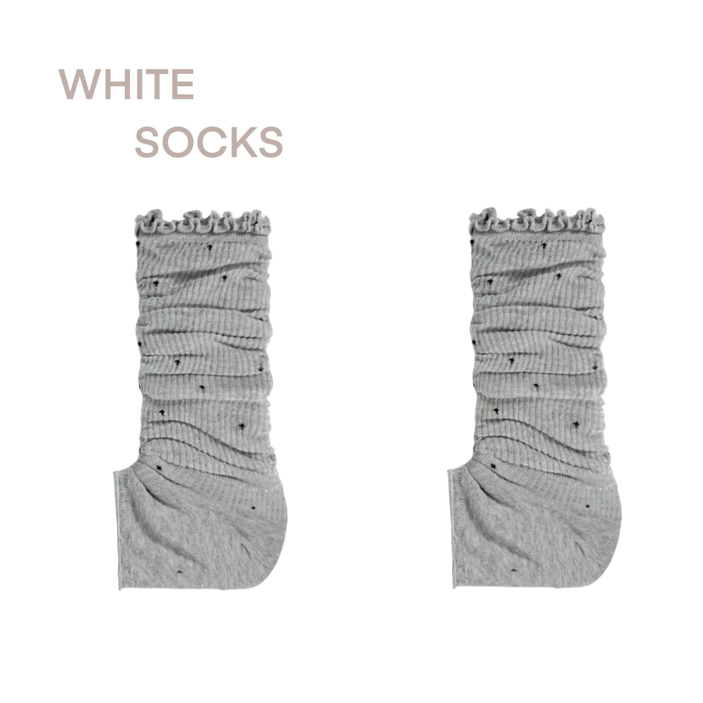 Light gray ribbed knit Lolita calf sock with scalloped lace trim