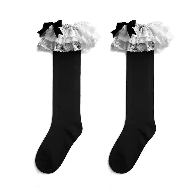 WAGUIR - Cotton Lolita Bow Socks with - Layered Lace Trim Socks
