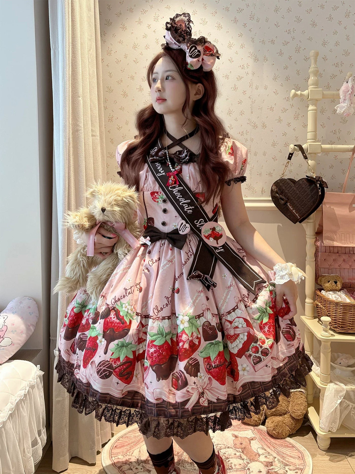 DreamWhale - Strawberry Chocolate Lovers - Kawaii Lolita Embroidered Printed Dress