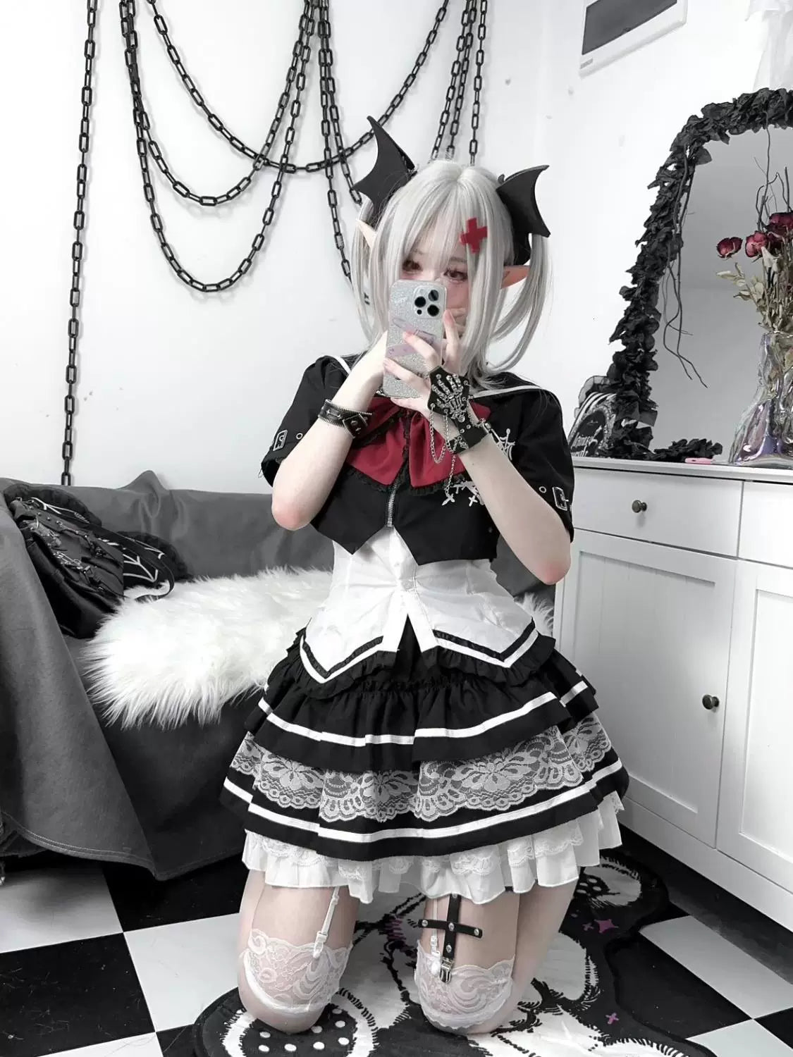 Sweetheart Dream Machine - Blood Rust - Black-and-White Gothic Punk Separates with Waist-Shaping Detail