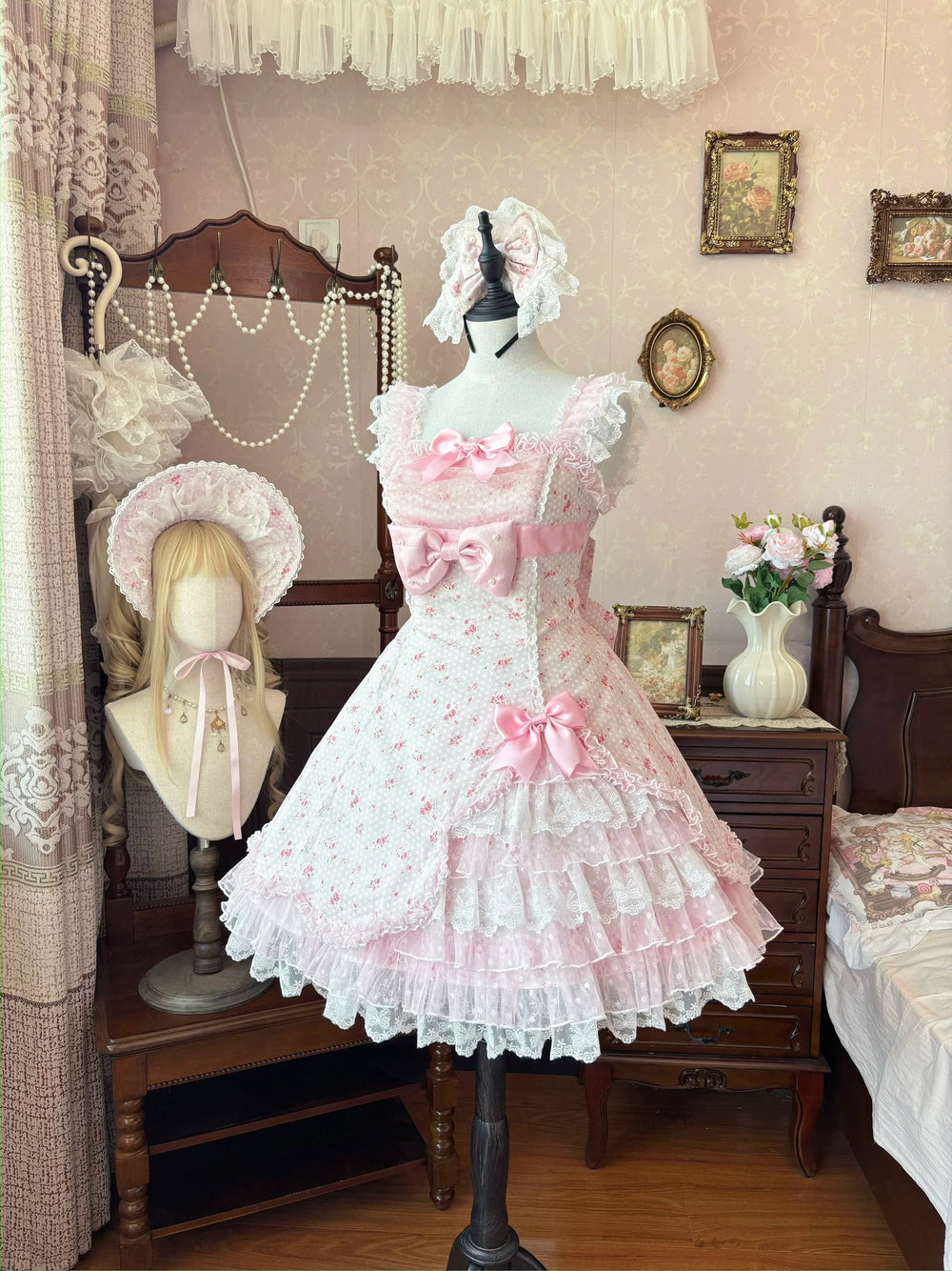 Strawberry Sweetie Bear - Spring Bud - Old School Lolita Floral Print JSK Dress, Layered Skirt