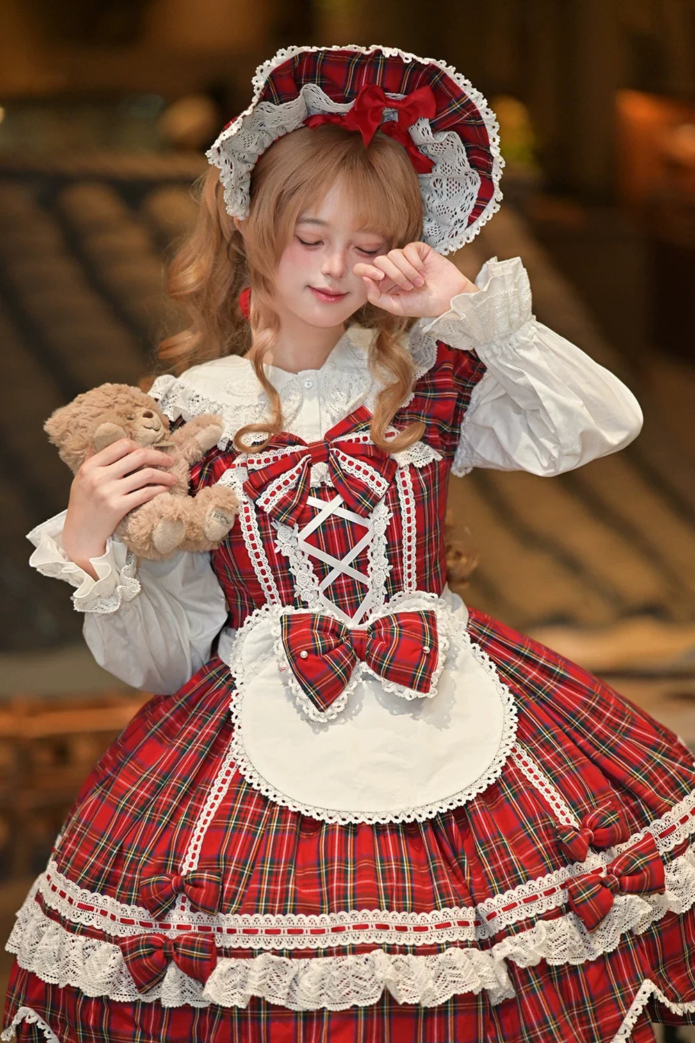 Miss Point - Plaid Petal Bunny - Old School Lolita Bunny Ear Headdress, Bear Ear Apron