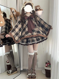 Thousand Wood - Waffle - Brown Plaid Cape with Contrast Trim - Brown plaid cape