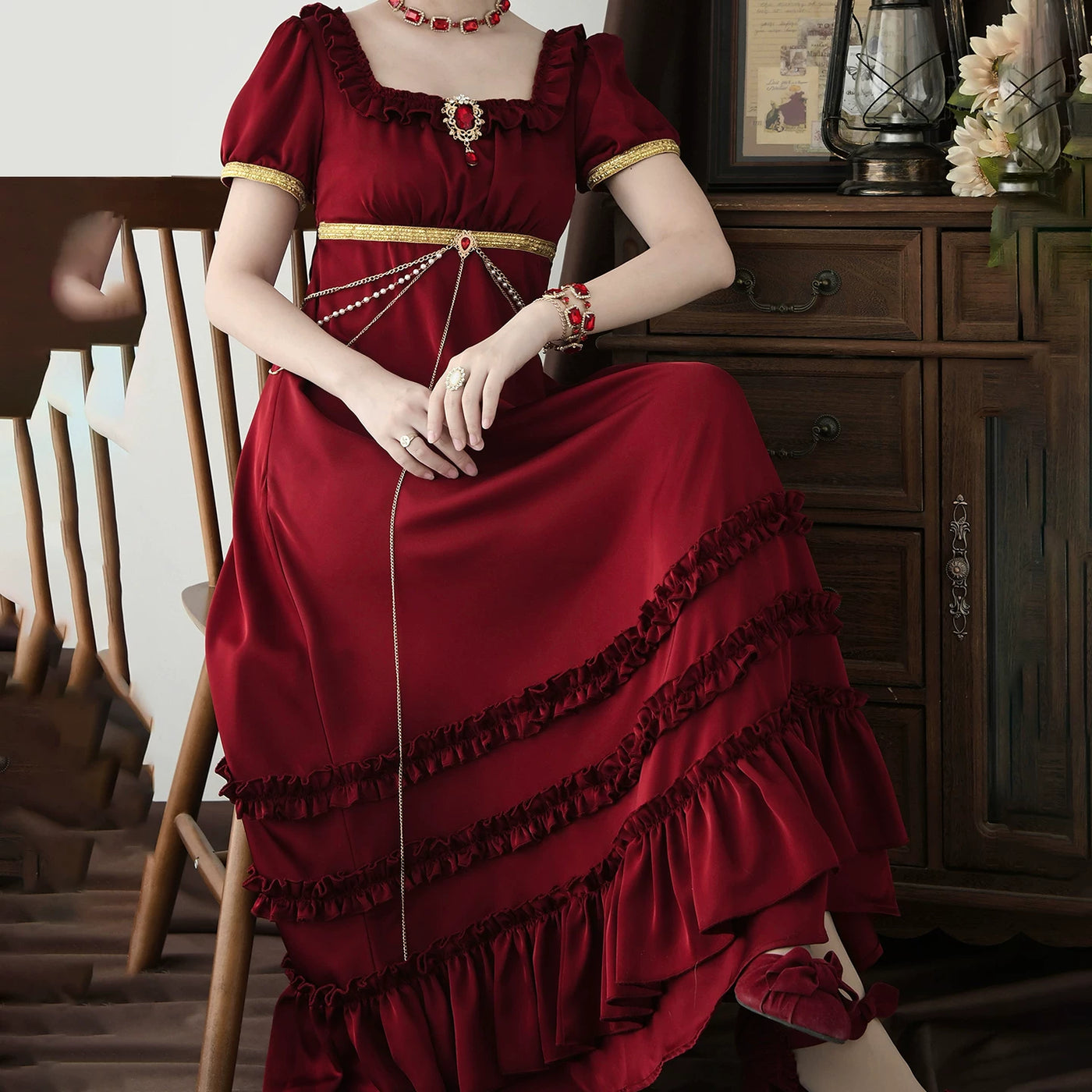 Moon Lily - Luminous Gemstone - Satin Empire Waist Dress with Ruched Neckline – detail view 2