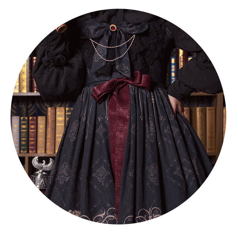 With PUJI - Nightingale and Rose - Classic Lolita Chiffon Dress, Rose & Birdcage Print