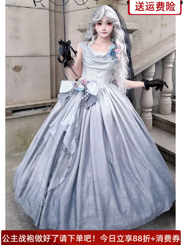 Front view of silver grey Emoji Dream Star Dream Lolita ballgown, showing halter neckline, corset lacing, and layered tulle skirt