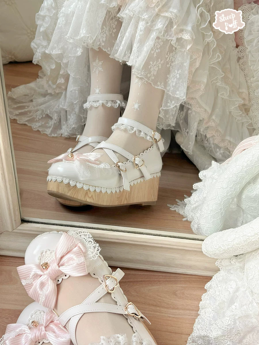 Sheep Puff Strawberry Love Song platform Lolita shoes with pink and white design, featuring cute puff and strawberry details.