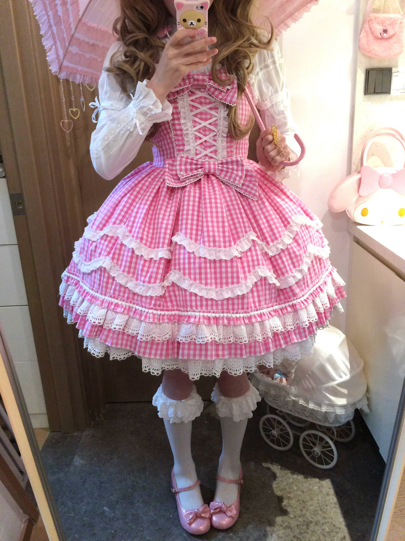 Tata Long Ear - Gingham Baileys - Pink gingham check sweet lolita JSK