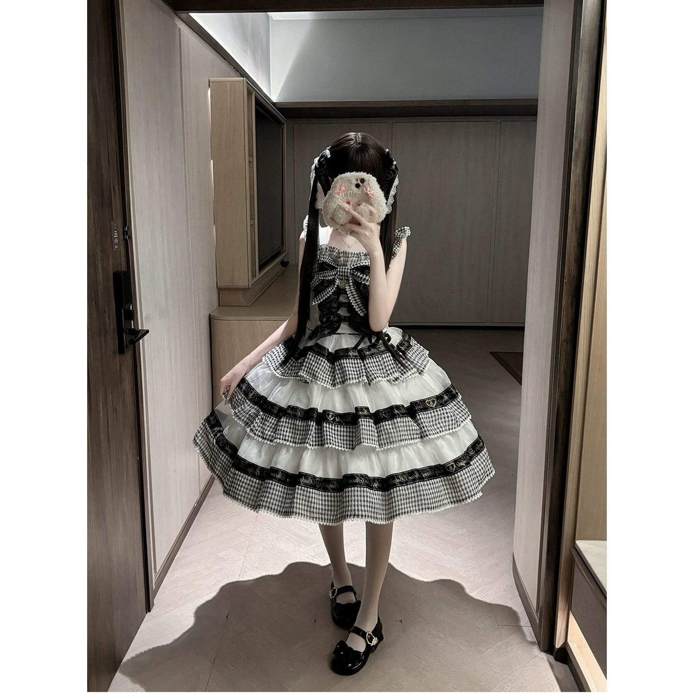 Creamy - Gingham Ribbon Noir - Black-and-white check OP dress with tiered ruffles