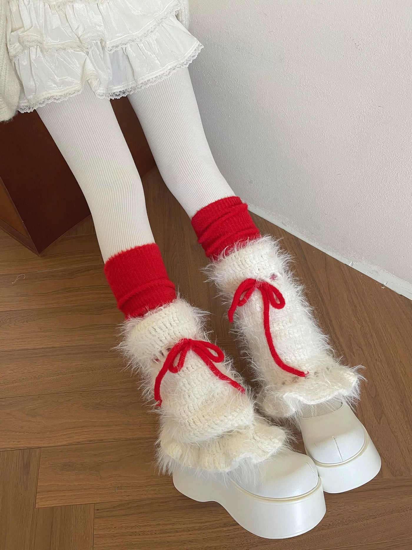 Sock Noble - Christmas Bichon - Hand-Crocheted Sock Covers with Red Bows