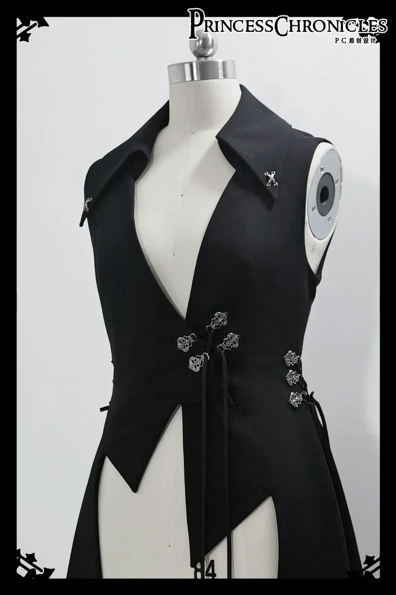 Princess Chronicles - Crimson Ash Zero - Ouji Lolita Vest Handsome Slim Long Black Vest