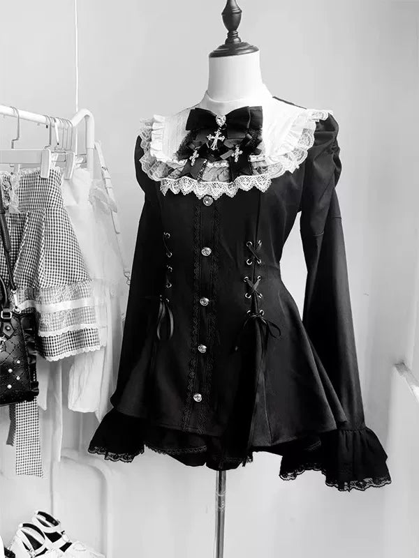 Creamy - Monochrome Gothic - Black-and-White Lolita Set with Lace Collar