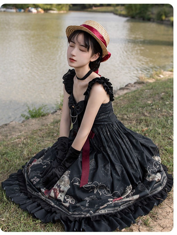 With PUJI - Nightingale and Rose - Classic Lolita Chiffon Dress, Rose & Birdcage Print