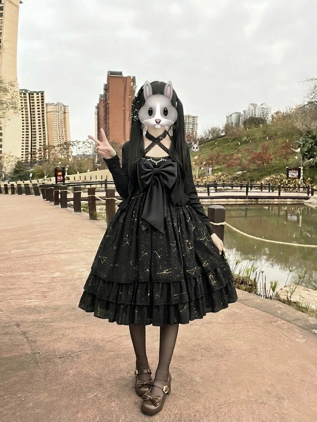 Creamy - Black Shell - OP Dress Set with Cardigan and Bow