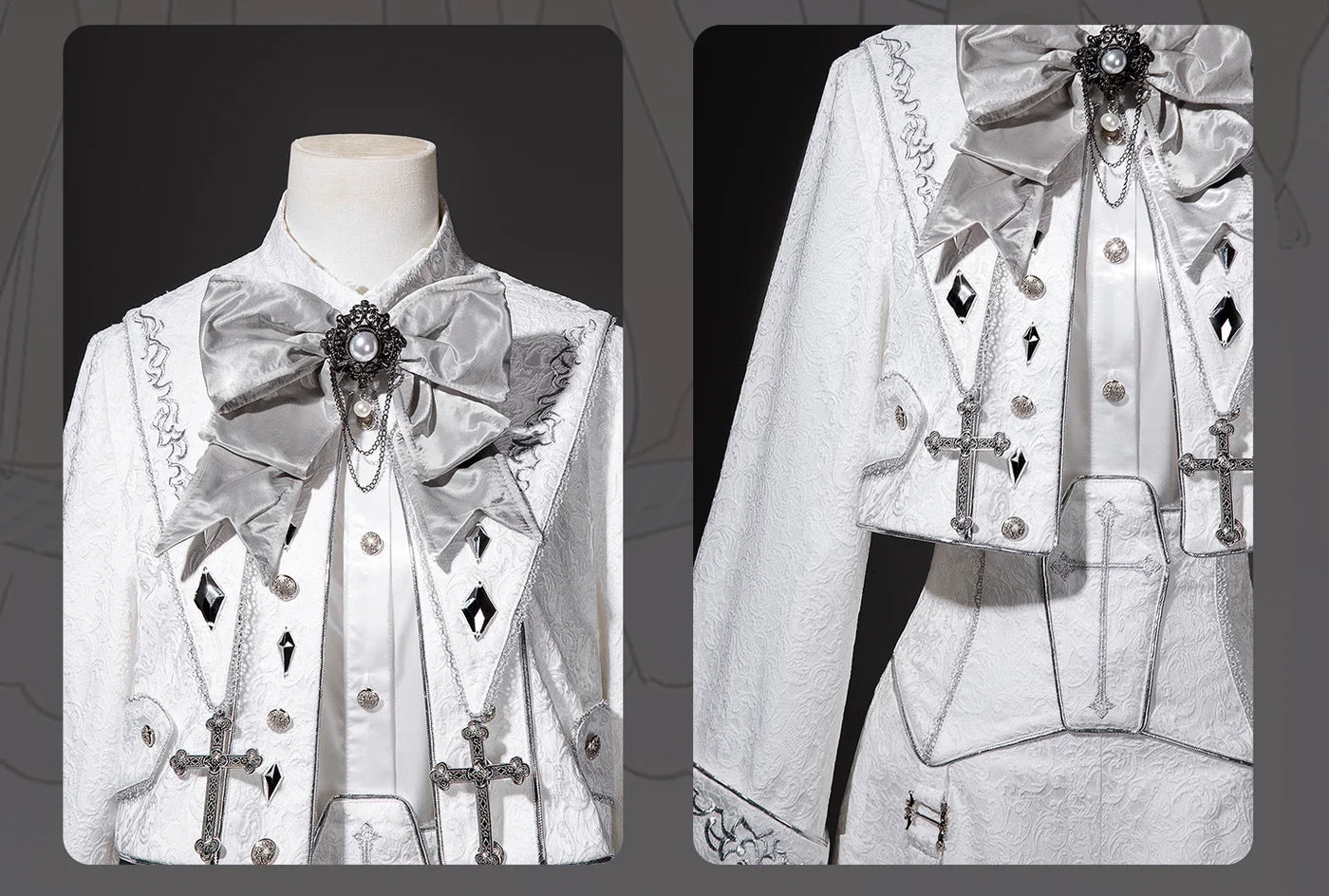Letters from Unknown Star - Silver Covenant - White Ouji Lolita Embroidery Coat and Shorts Set with Cross
