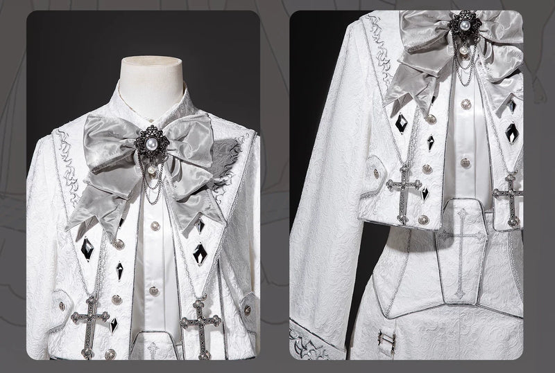 Letters from Unknown Star - Silver Covenant - White Ouji Lolita Embroidery Coat and Shorts Set with Cross