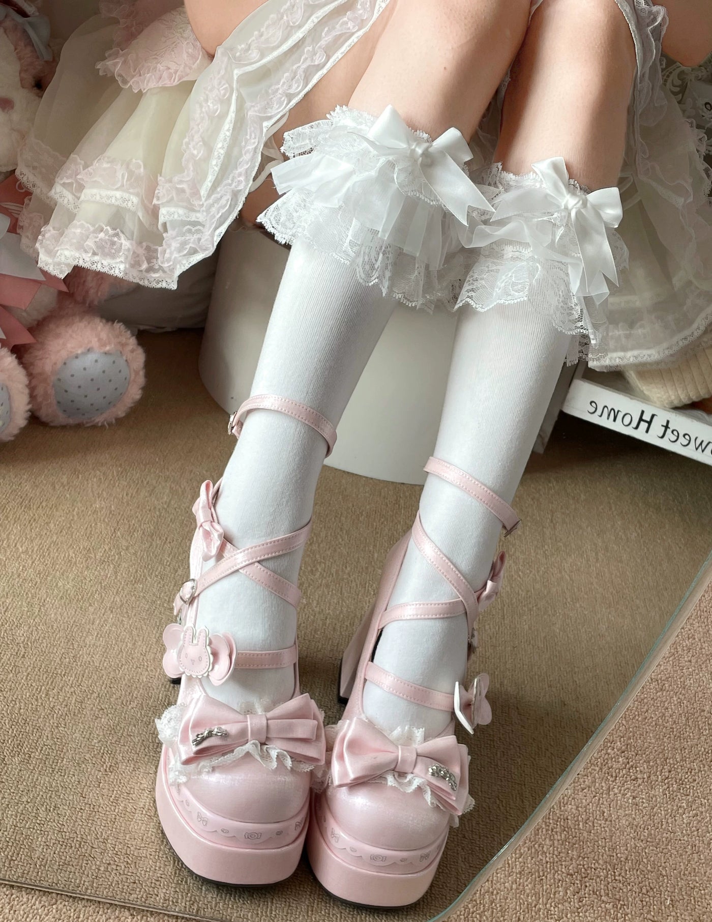 Fantasy Doll - Lace Bow - Pure Cotton Calf Socks with Layered Lace Cuffs