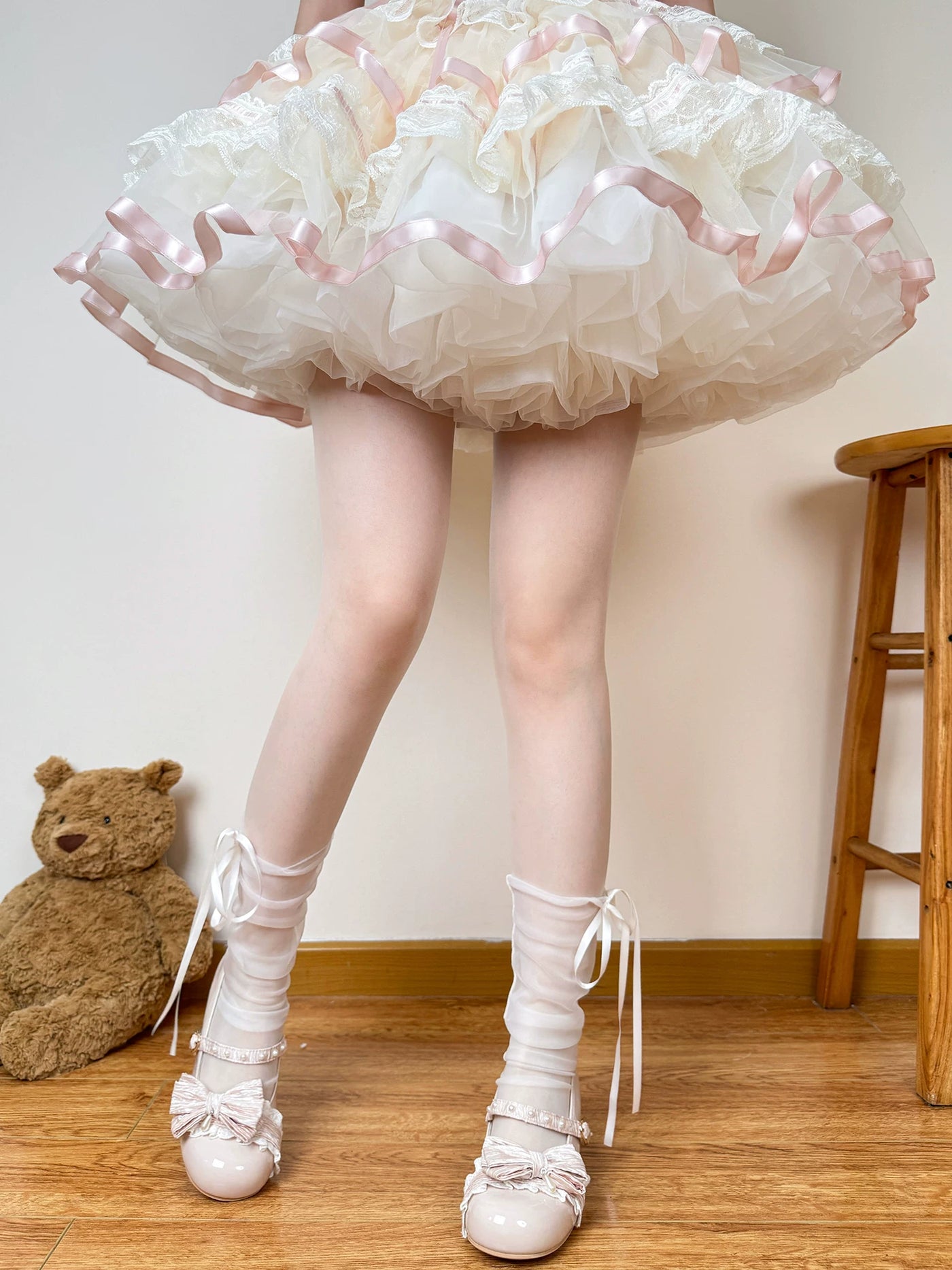 Chubby Bear Tales - Ballet Ribbon - Sheer Mid-Calf Socks with Long Ribbon Ties