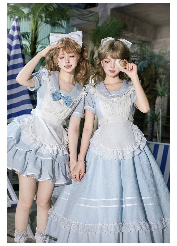 With PUJI - Seven-Day Bell - Blue Classic Lolita Striped OP Dress, Sailor Collar