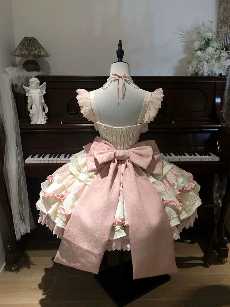 Pink Floral Dream Lolita OP dress with matching petticoat on mannequin