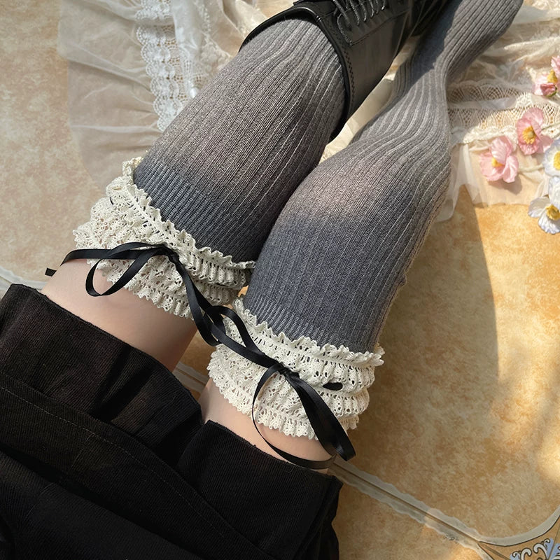 Sock Noble - Winter Lace Bow - Thigh-high socks with wide lace trim and ribbon ties