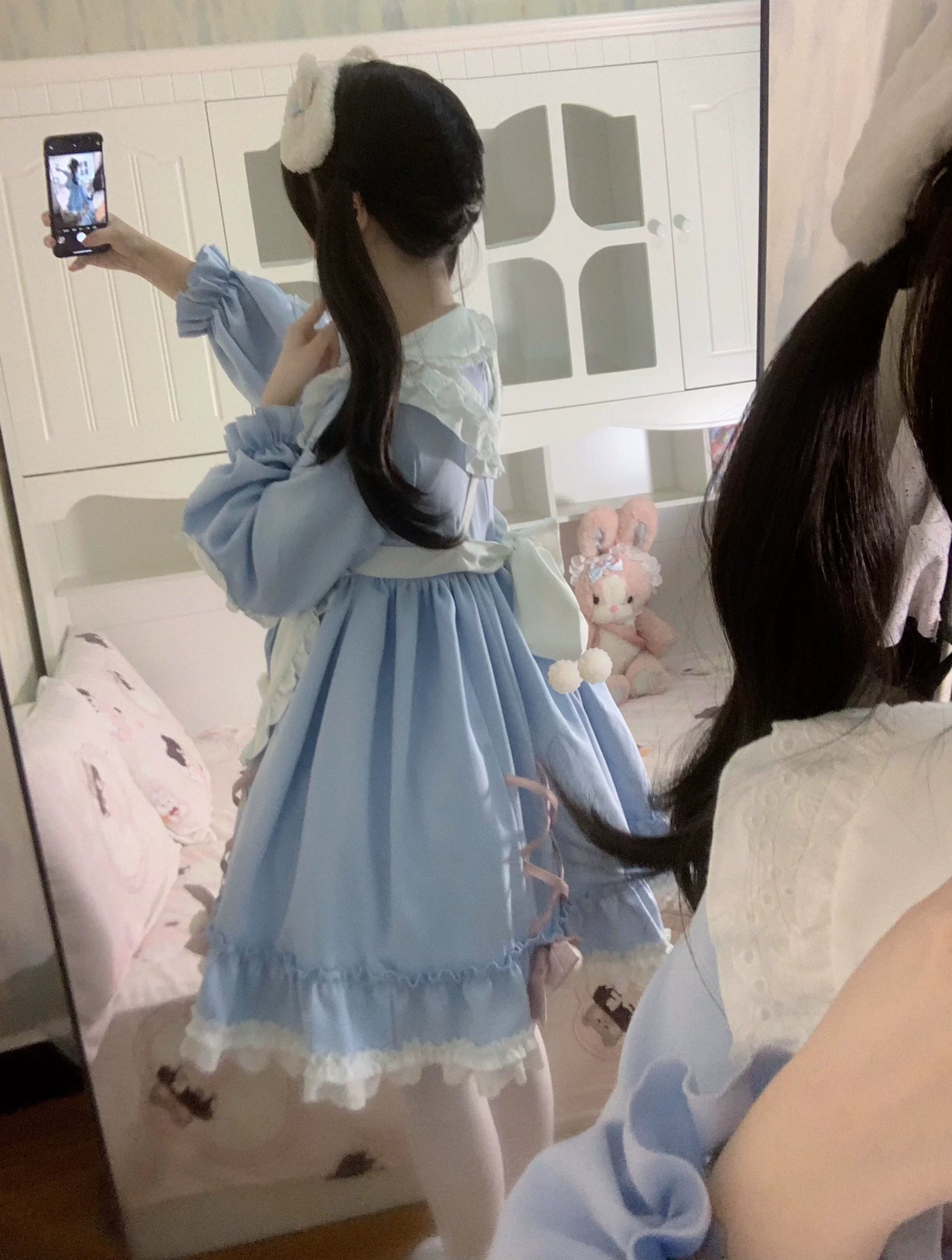 Tata Long Ear - Meow Meow - Blue OP Dress with a Ruffled Apron