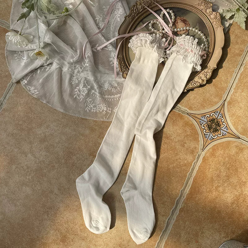 Sock Noble - Ribbon Lace - Thigh-High Socks with Ruffled Lace Cuffs