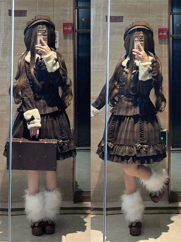 Brown vintage plaid coat-and-skirt Lolita outfit with layered ruffles and bow details