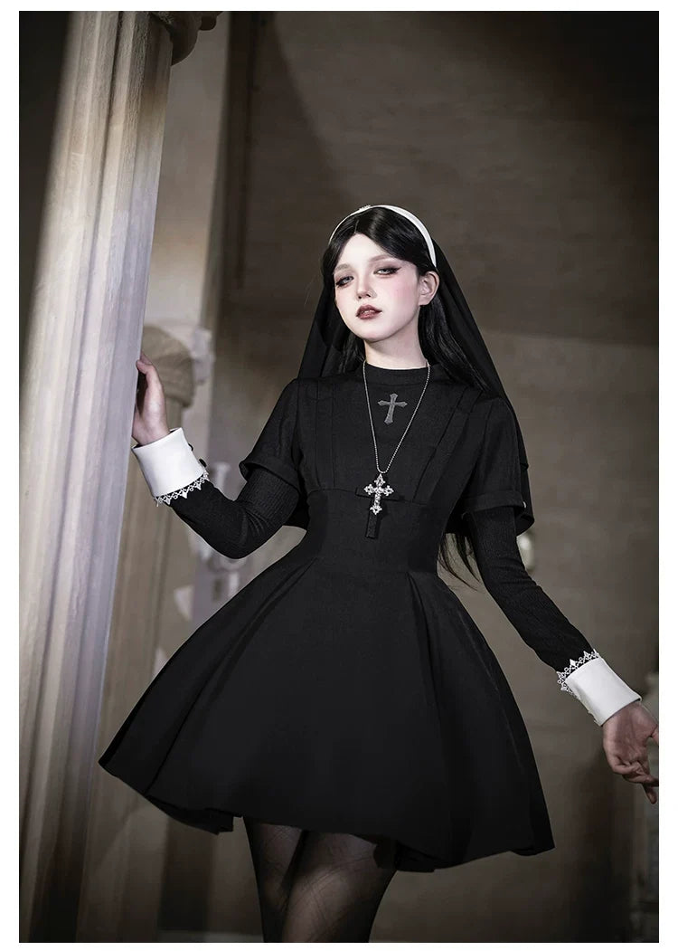 With PUJI - Nihil - Gothic Nun Lolita OP Dress, Irregular Hem Cape