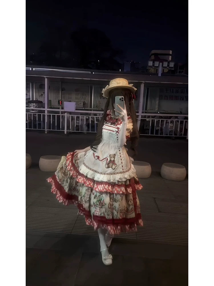 Dream Bunny - December Strawberry Field - Strawberry-Print One-Piece Dress with Red Gingham Ruffles