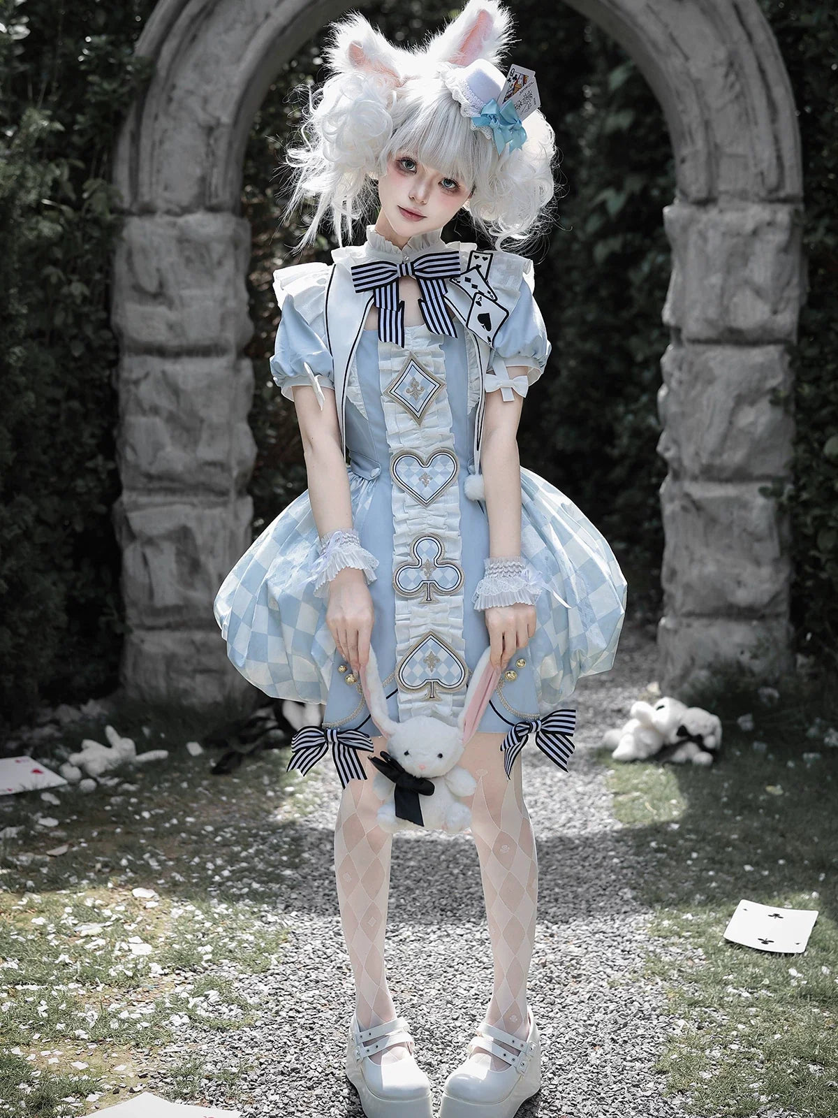 Letters from Unknown Star - For Alice - Doll-like Lolita Jacquard OP Dress Set, Elastic Bubble Hem