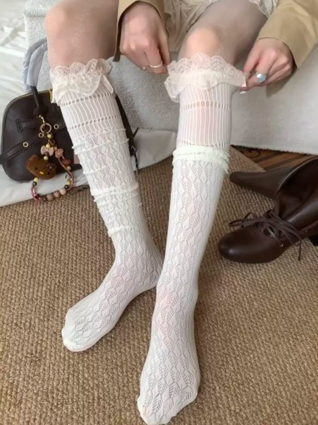 Fantasy Doll - Spring Lace - Slouch Socks with Openwork Pattern and Lace Cuffs