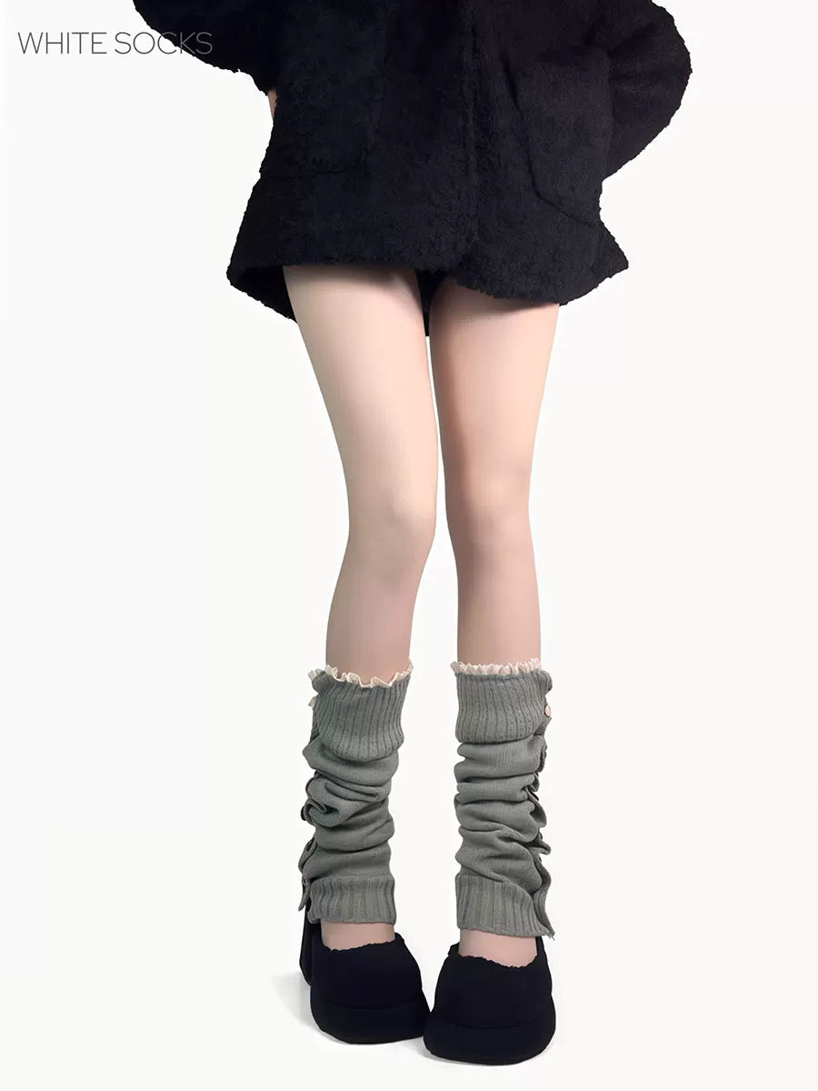 White Socks - Harajuku Ruched - Knit Leg Warmers with Ruffled Cuffs