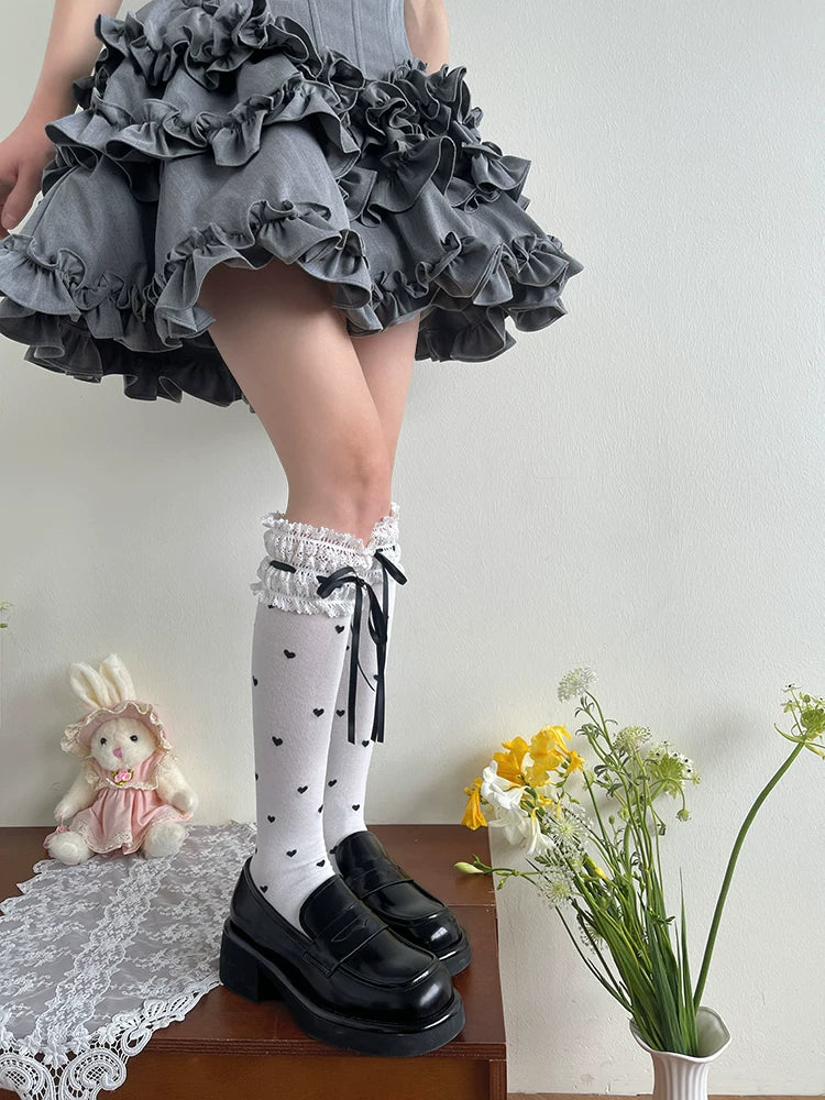 Sock Noble - Heart Ribbon Lace - White Mid-Calf Socks with Velvet Ribbon Ties