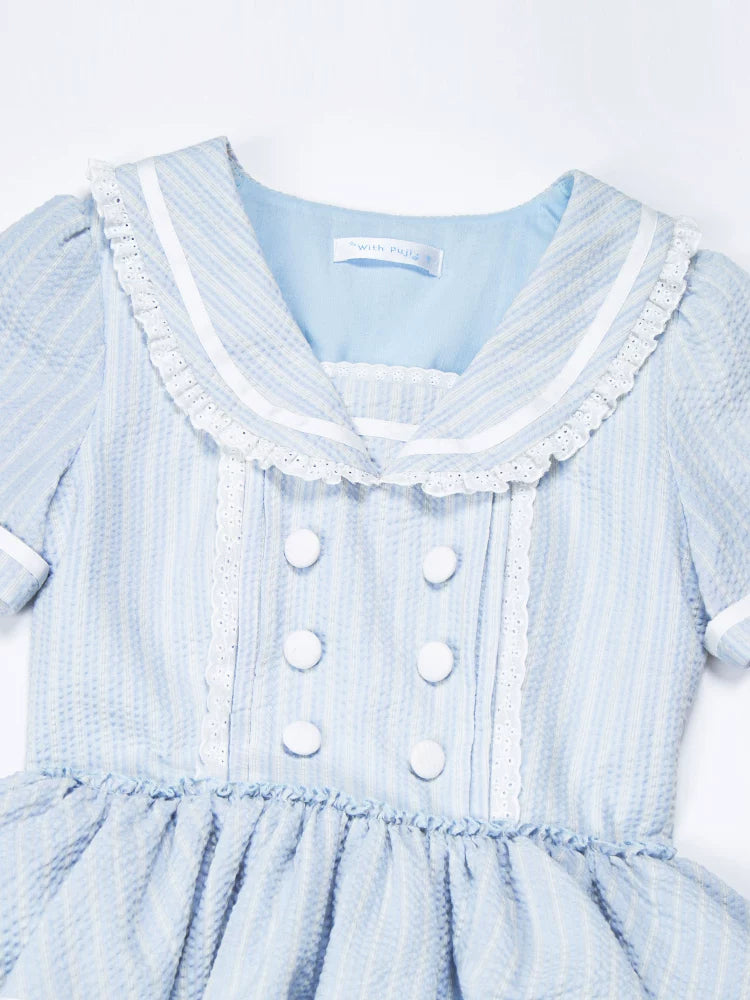 With PUJI - Seven-Day Bell - Blue Classic Lolita Striped OP Dress, Sailor Collar detail view 4
