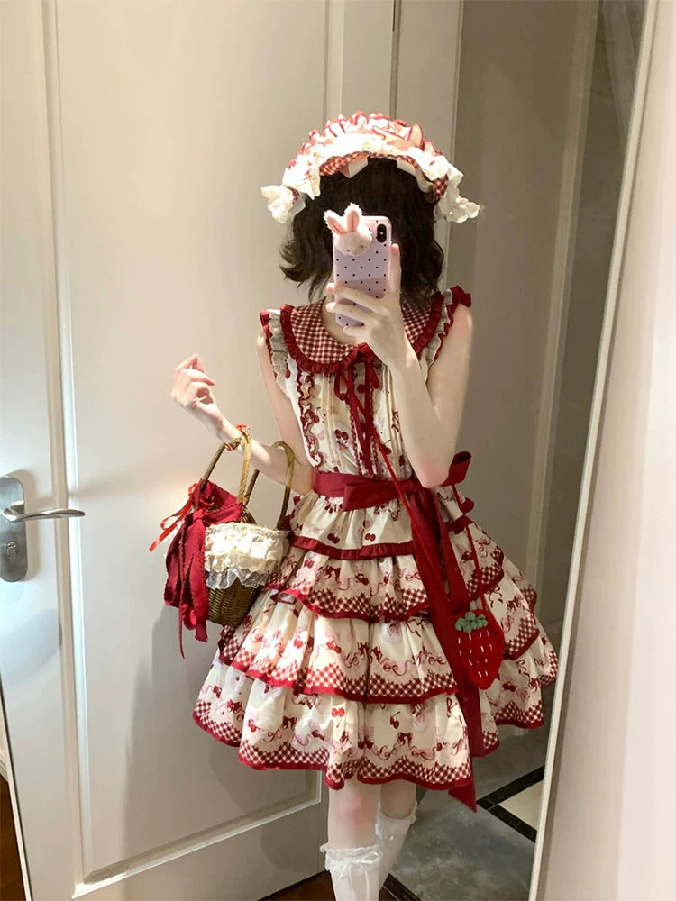 Dream Bunny - The Cherries Are Ripe - Cherry-Print Lolita Fashion Set with Gingham Ruffles