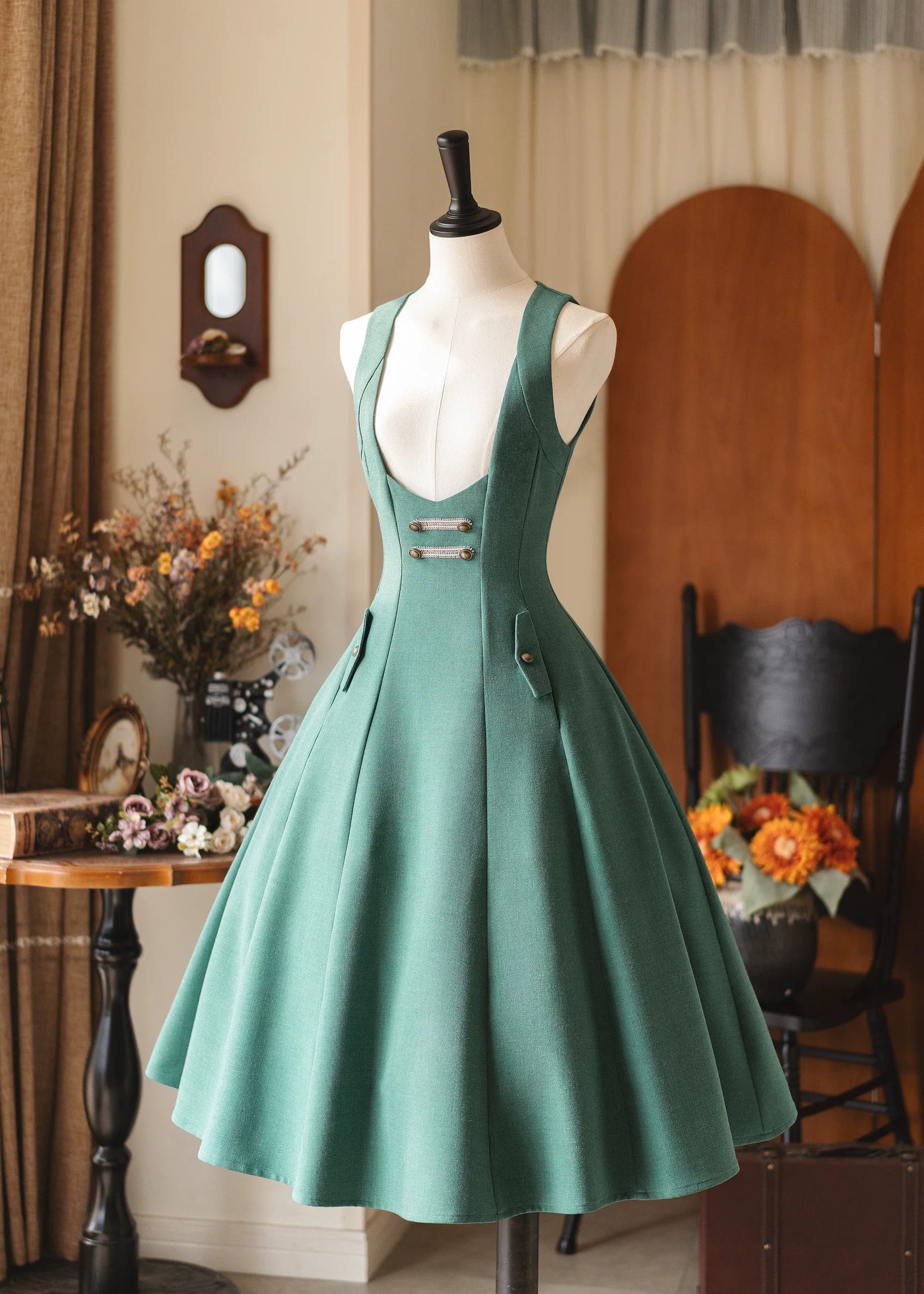 Forest Corridor - Classic Lolita Bust Supporting JSK, Waisted Shirt Forest Green JSK S In Stock