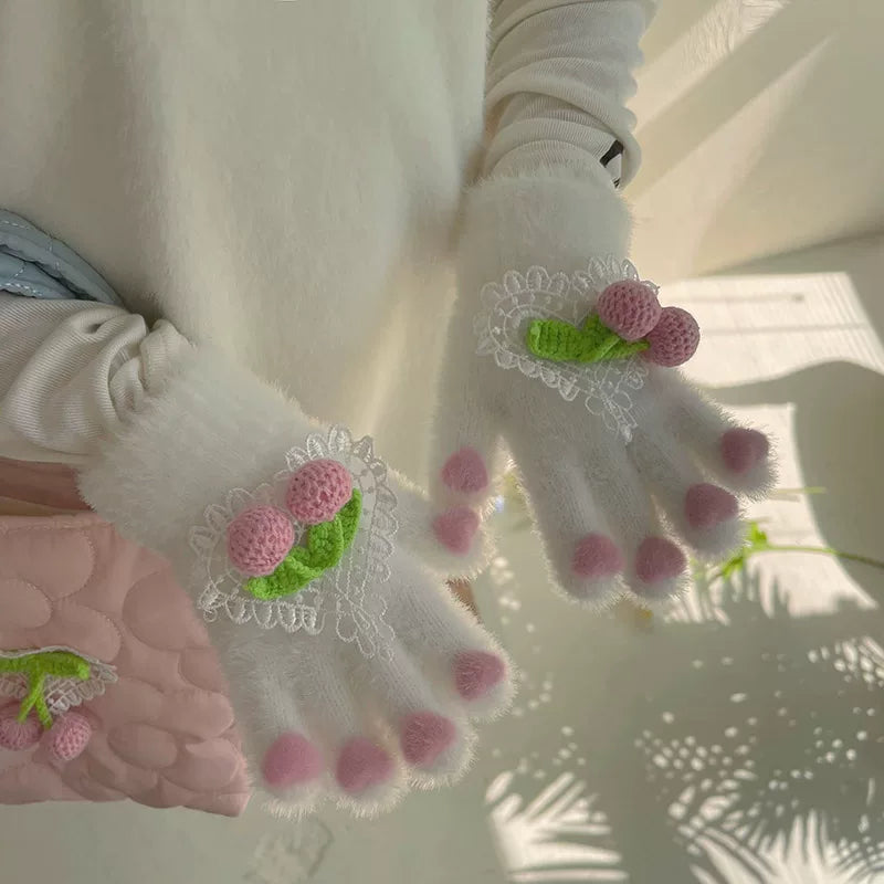 Sock Noble - Pearl & Rhinestone - Fuzzy Five-Finger Gloves with Novelty Detail Options