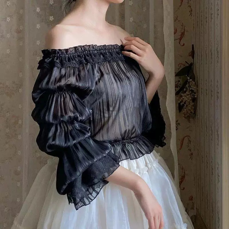 Sweetheart Dream Machine - Pleated Off-Shoulder - Off-Shoulder Long-Sleeve Chiffon Blouse with Ruffle Sleeves
