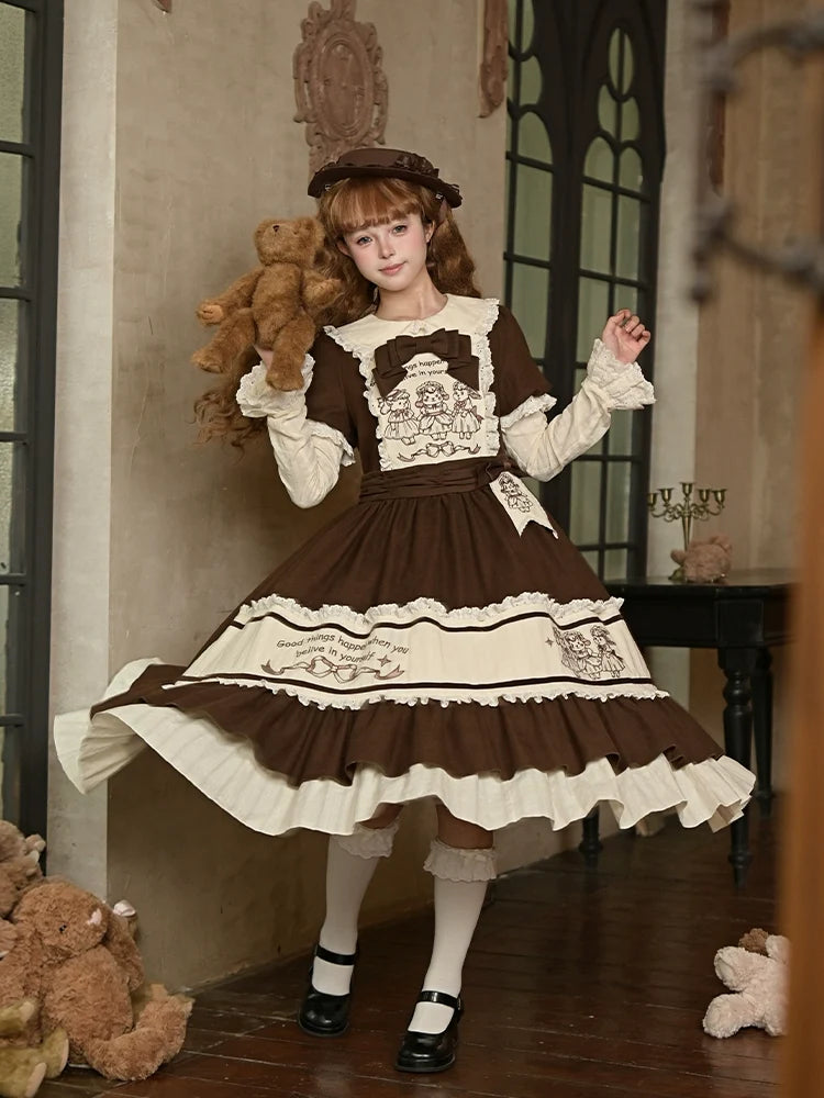 With PUJI - Sugar Frost Tale - Kawaii Lolita OP Button Closure Dress, Lamb & Bunny Embroidery